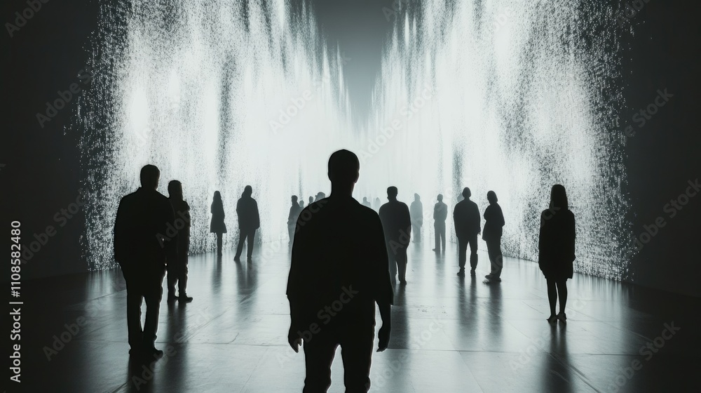 Poster silhouettes of people in a digital art space with dynamic light displays creating an immersive futur