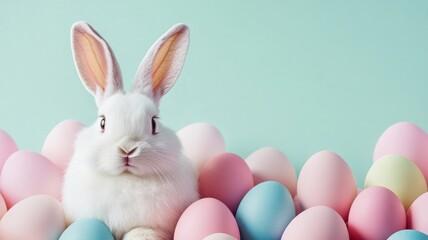 Obraz premium A cute white rabbit surrounded by colorful pastel Easter eggs.