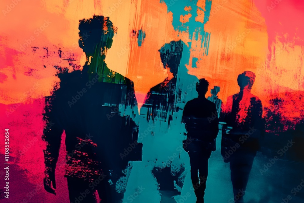 Poster silhouettes of people walking in front of a vivid, abstract background with dynamic brush strokes an