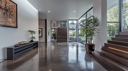 Modern House Hallway with Concrete Floor and Wooden Stairs