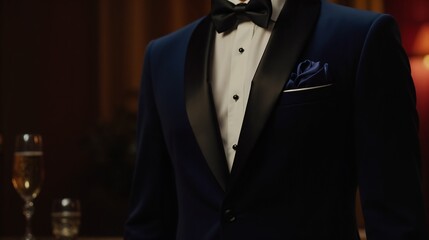 Elegant man in formal tuxedo during a sophisticated evening event with cocktails in a luxurious venue