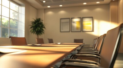 Fototapeta premium Modern Office Meeting Room With Sunlight Illuminating the Empty Space. Generative AI