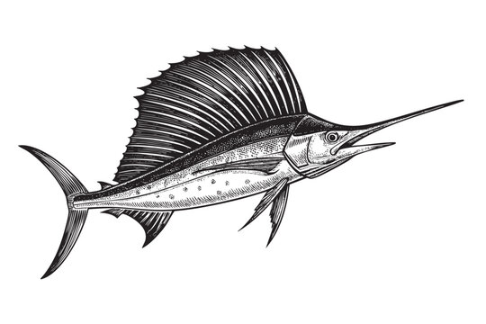 sailfish sketch engraving drawing vector illustration
