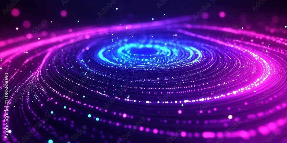 Poster glowing blue circular pattern on dark purple background with vibrant swirls and sparkling particles 