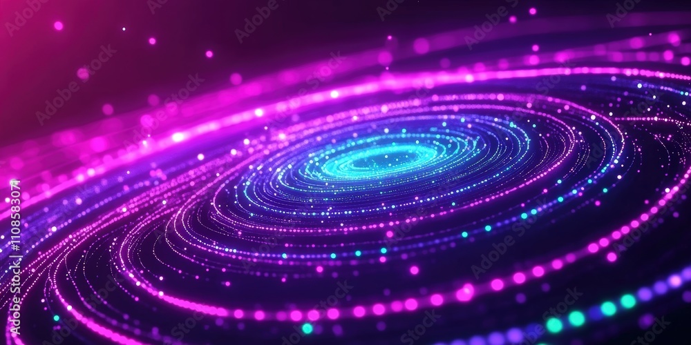 Poster glowing blue circular pattern on dark purple background with dazzling lights and swirling design in 