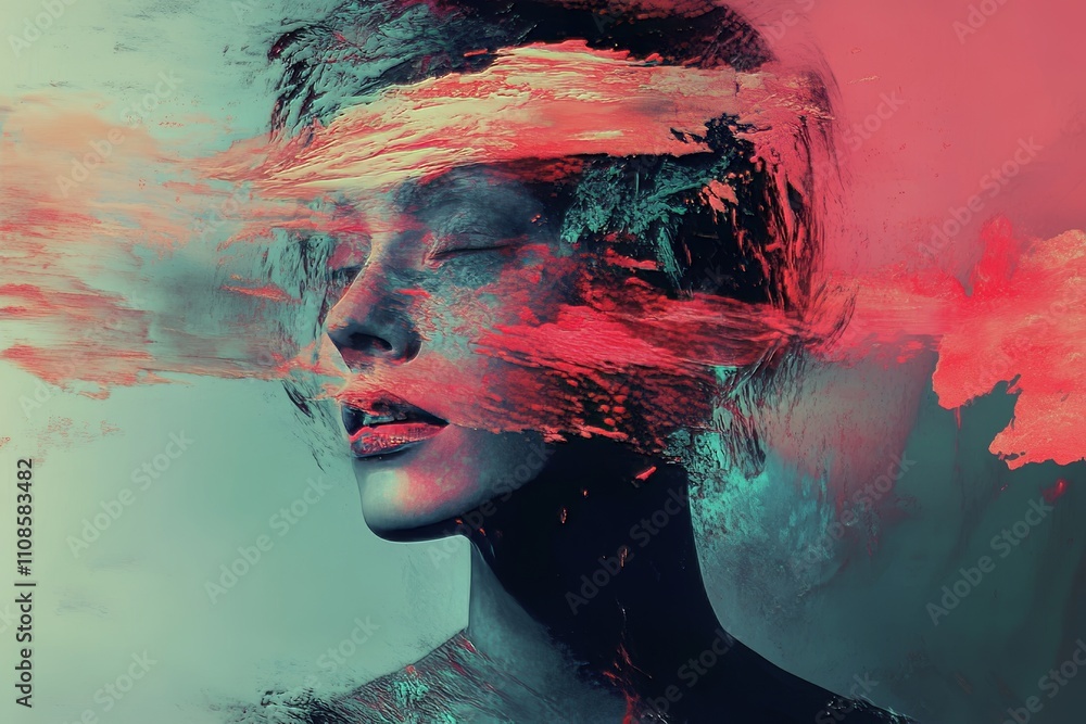 Poster surreal portrait of a woman with colorful abstract brush strokes, blending art and emotion in a dyna