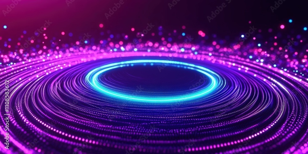 Poster glowing blue circular pattern on dark purple background with sparkling bokeh effects and abstract de
