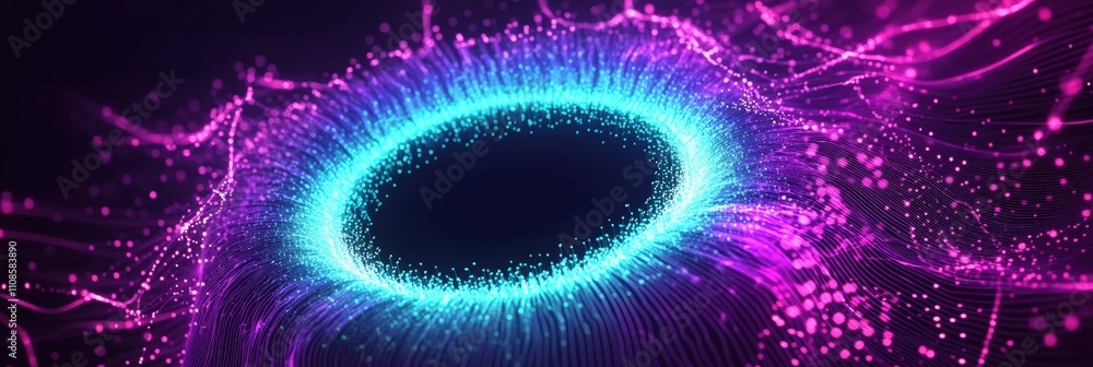 Poster glowing blue circular pattern on dark purple background with sparkling effects in a modern abstract 