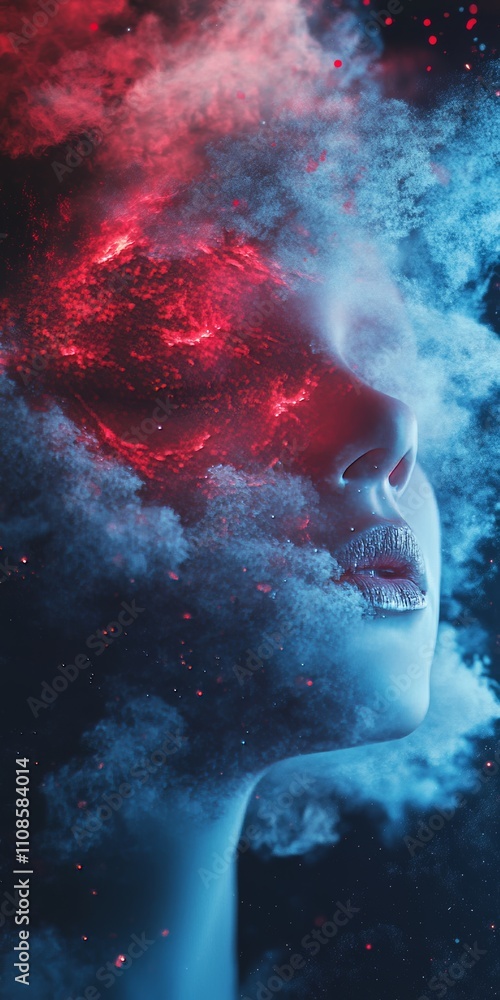 Aufkleber A mystical image of a woman's face merging with cosmic clouds and a vibrant red nebula, creating a dreamlike and ethereal scene.