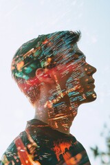 Creative double exposure of a man's silhouette blended with a vibrant cityscape at night, showcasing urban life and technology.