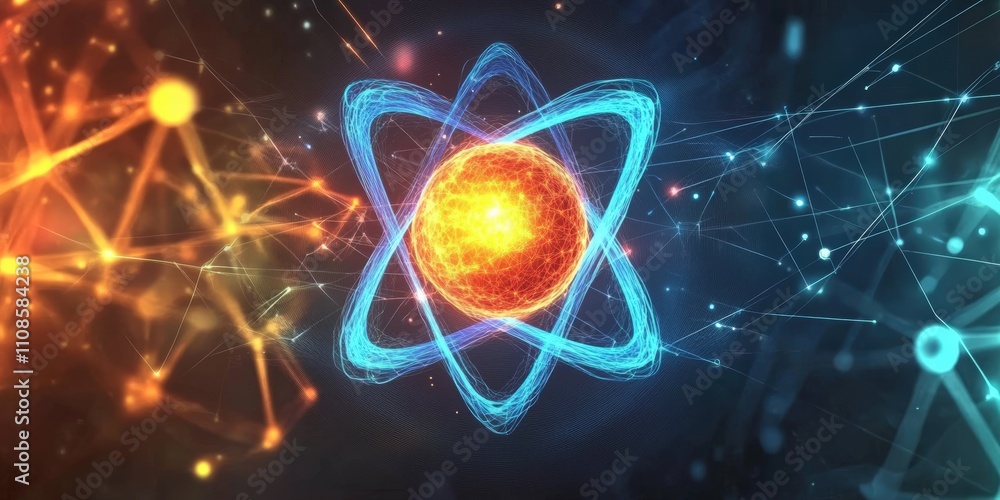 Poster stylized representation of an atom showcasing protons, electrons, and neutrons in a colorful abstrac