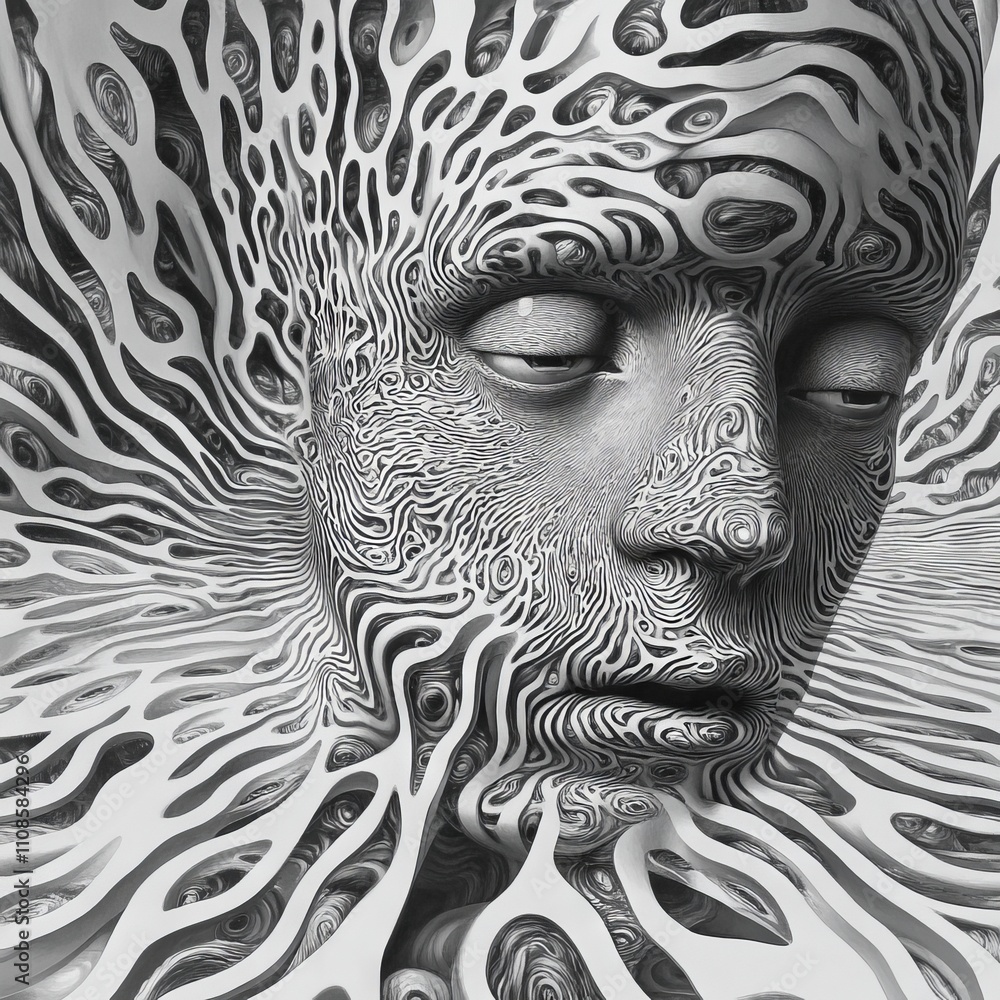 Poster a surreal abstract face with intricate patterns and flowing lines, creating a mesmerizing monochrome