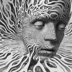 Fototapeta premium A surreal abstract face with intricate patterns and flowing lines, creating a mesmerizing monochrome design.