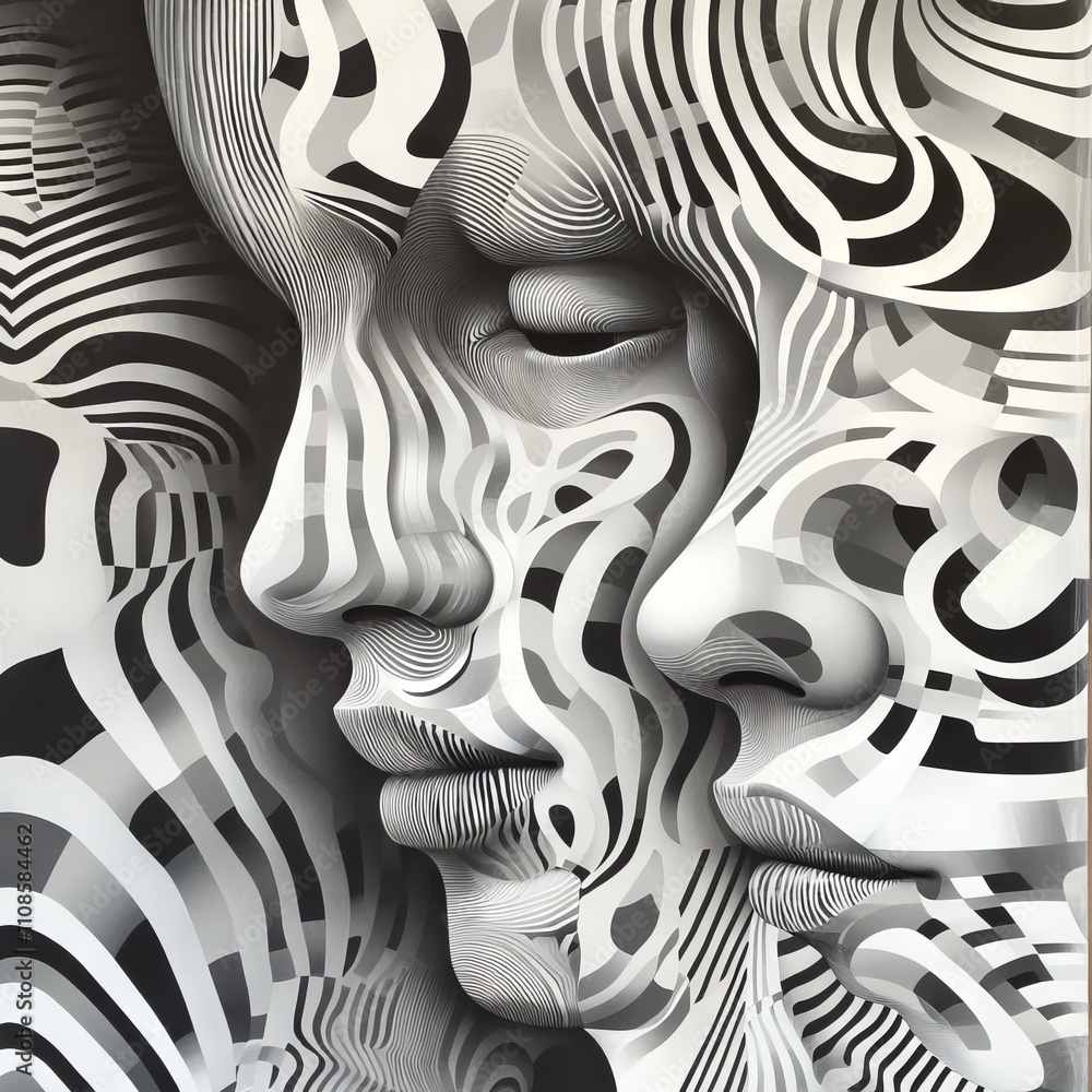 Poster intricate black and white abstract art featuring intertwined faces and geometric patterns creating a