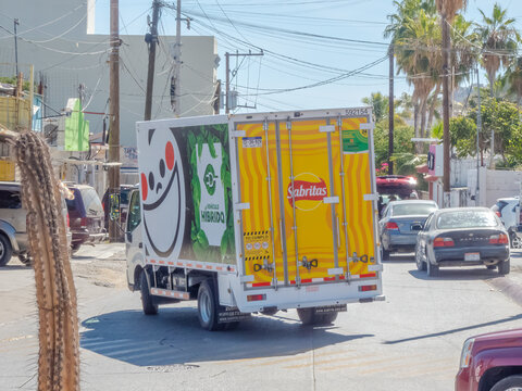 Los Cabos, B.C.S., Mexico. Nov 24, 2024. A Sabritas delivery truck with a Veh&iacute;culo H&iacute;brido (Hybrid Vehicle) sticker, parked on a street.