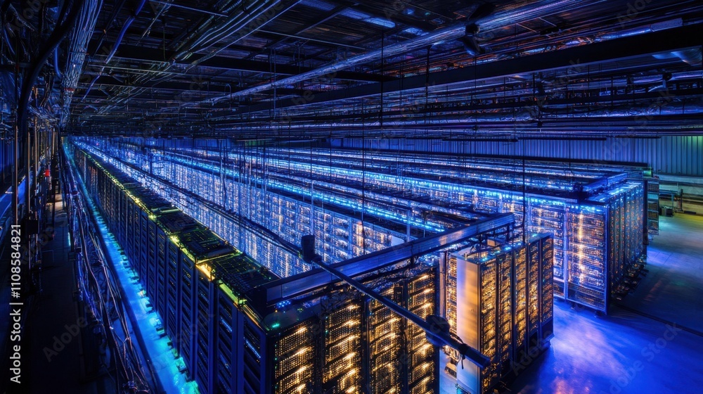 Poster a vast server farm with glowing wires and illuminated racks, showcasing cutting-edge internet infras