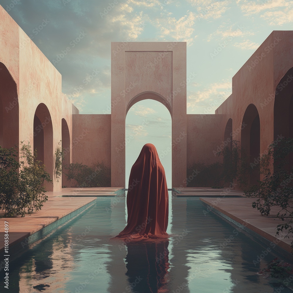 Poster A woman in a red robe stands in front of a pool. The pool is surrounded by a wall and there are trees in the background
