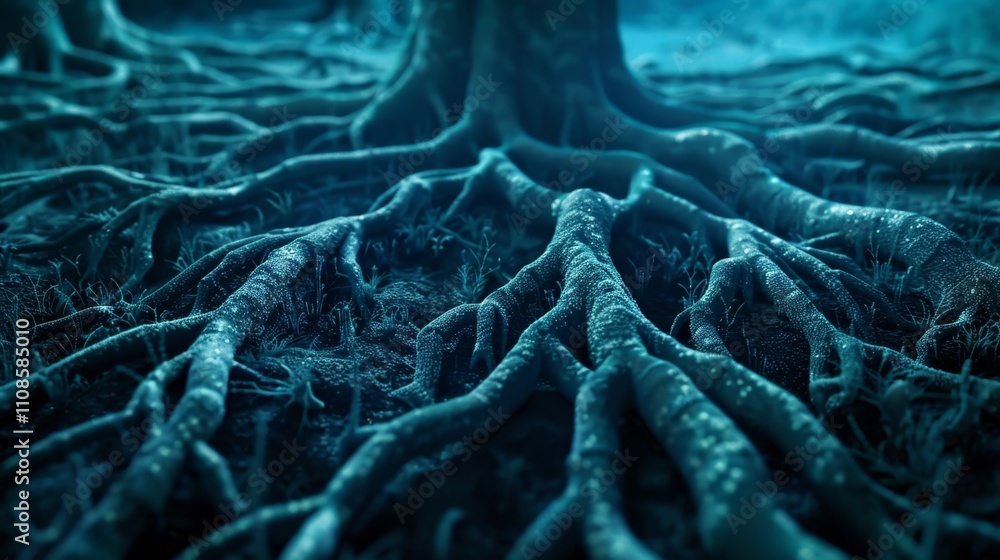 Poster a vast underground system of roots stretching in all directions and signifying the global reach of b