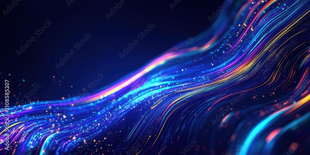 Poster colorful abstract neon lines wave background with dynamic flow and sparkling particles enhancing vis