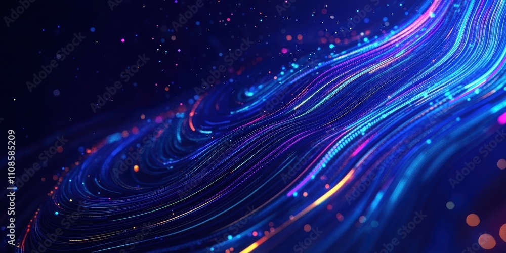 Poster colorful neon wave abstract background with flowing lines and sparkling particles for modern digital