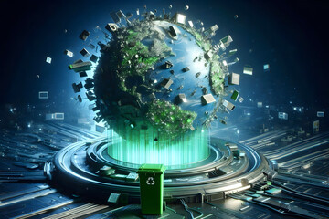 Creative and concept image of The Globe of E-Waste and Recycle Bin