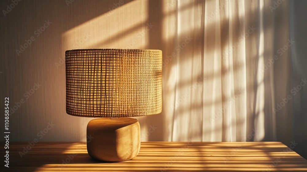 Poster a warm, soft light radiates through a textured lampshade, casting gentle shadows on a wooden table, 