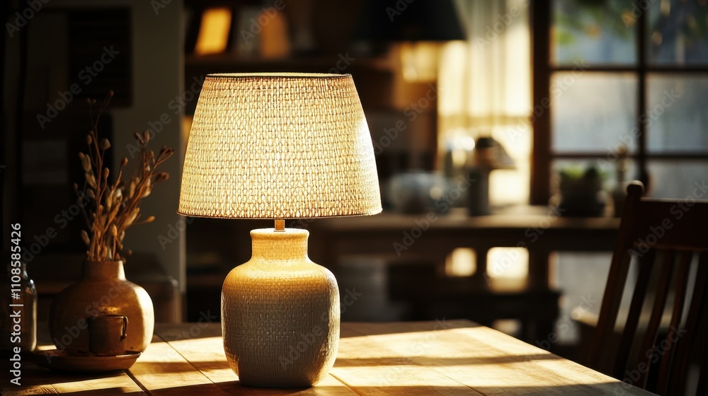Poster a warm, soft light radiates through a textured lampshade, casting gentle shadows on a wooden table, 