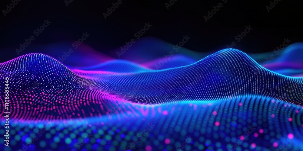 Poster vibrant abstract background with glowing blue and purple dots in a wave pattern for technological an