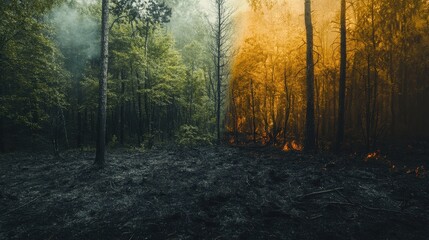 Fototapeta premium Dramatic Split-View Image of a Forest Fire Lush Green Meets Fiery Destruction - Environmental Disaster Photography
