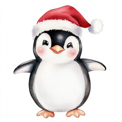 Fototapeta premium Cute Penguin in Santa Hat Illustration, Watercolor illustration of a happy penguin wearing a red Santa hat, with rosy cheeks, isolated on a white background.
