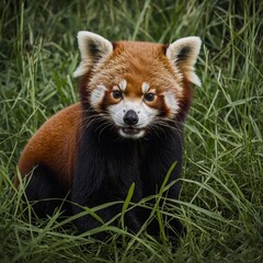 A red panda curled up in tall grass, its tail wrapped around its body.