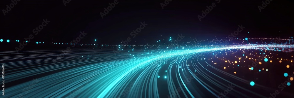 Poster abstract glowing data background with flowing lines and points of light for digital and technology c