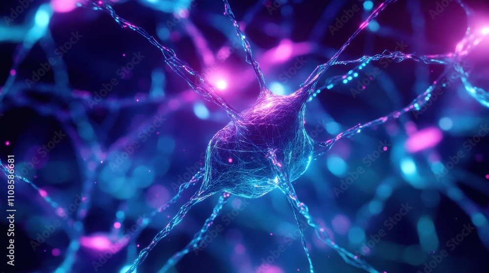 Poster Microscopic View of Neuron Cell with Glowing Axons and Dendrites - Abstract Neural Network Background