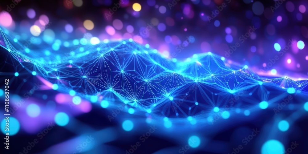 Poster abstract blue polygonal background with low poly shapes and bokeh effects for digital design and mod