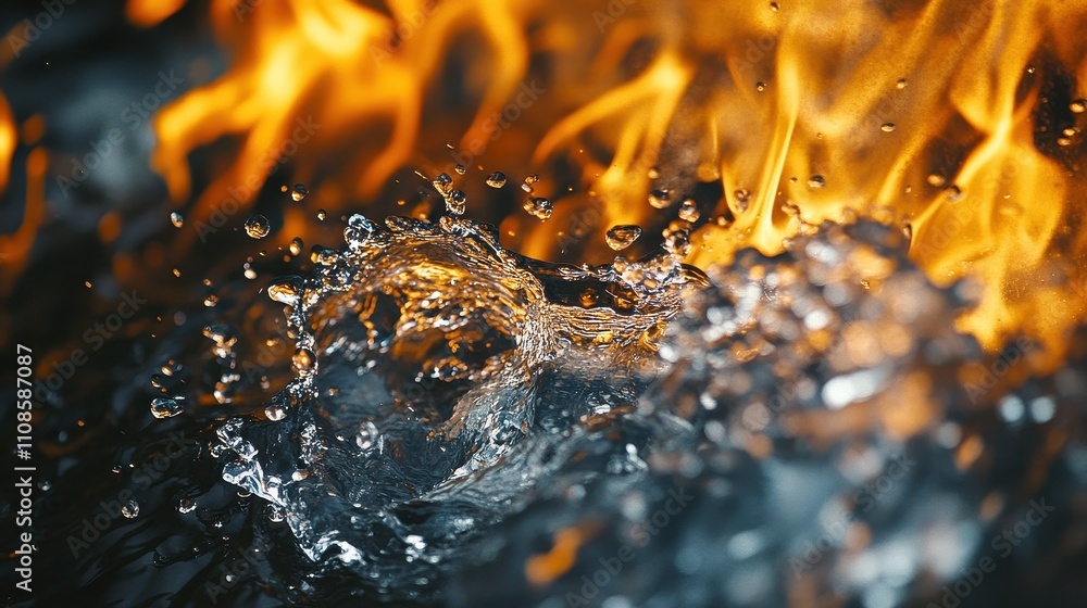 Poster abstract close-up of water splashing against fiery background contrasting elements of fire and ice p