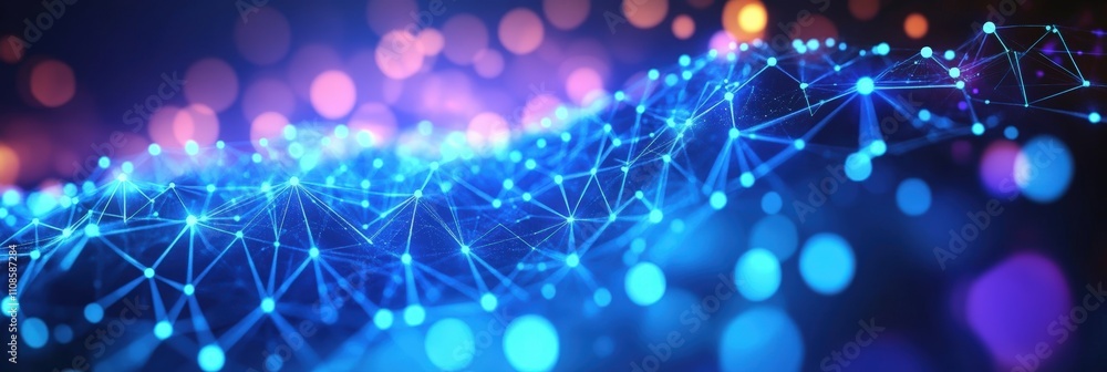 Poster abstract blue polygonal background featuring low poly shapes with dynamic bokeh effects and vibrant 