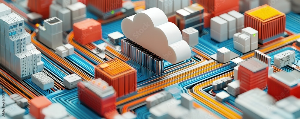 Poster conceptual cloud computing with urban infrastructure elements.