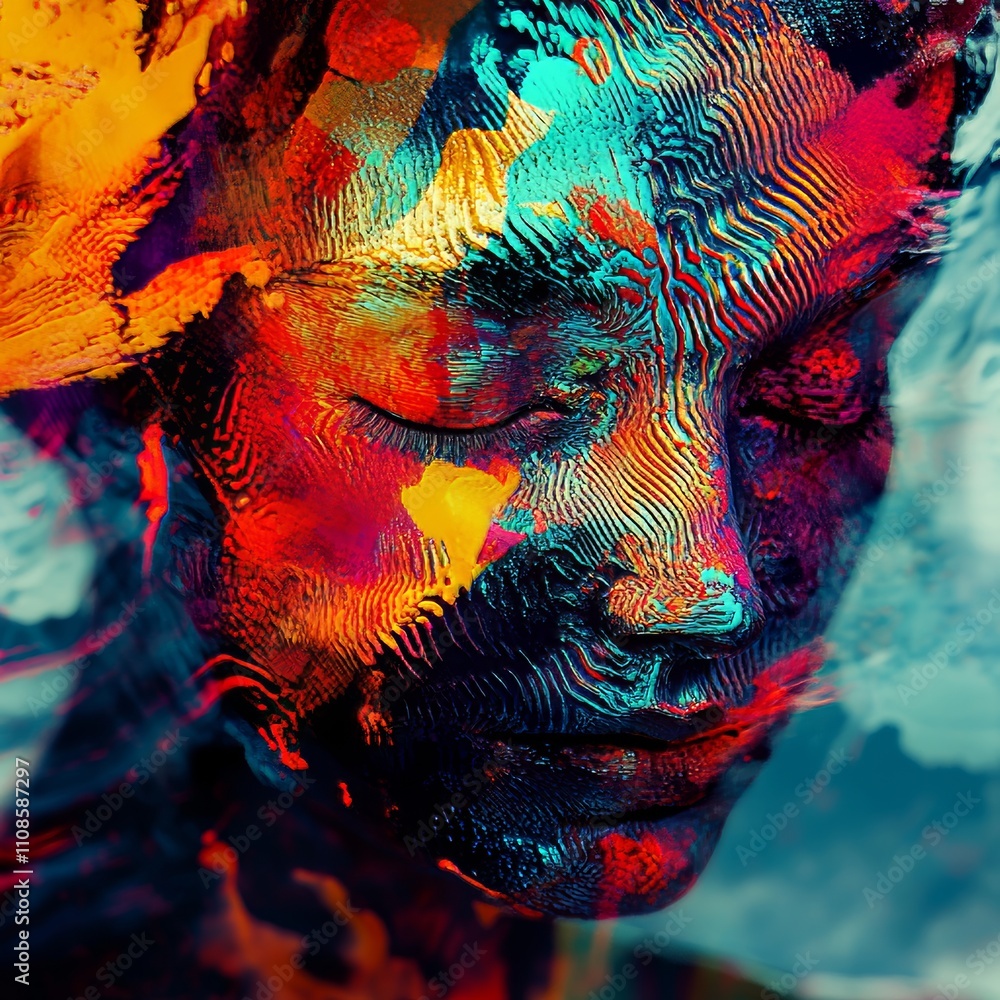 Poster a striking abstract portrait of a woman with vivid colors and intricate textures, creating a mesmeri