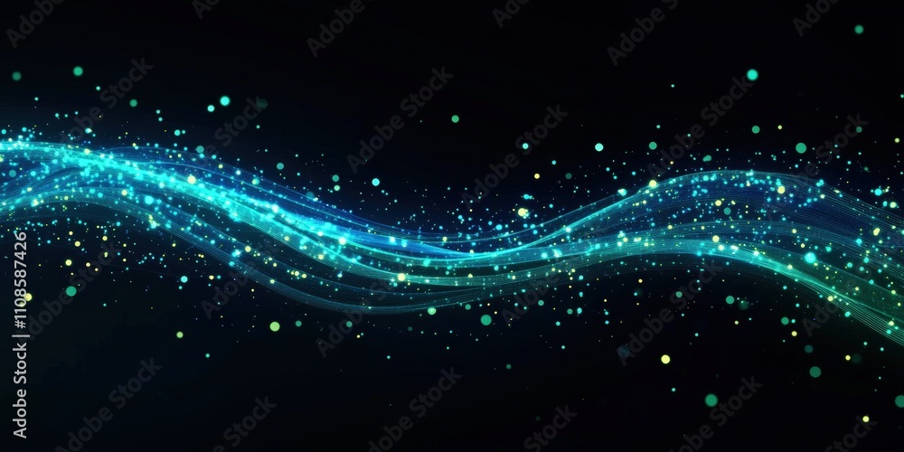 Poster glowing abstract digital background with blue particles and soft waves in a dark environment for cre