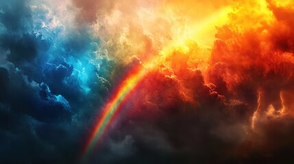 Naklejka premium Dramatic Rainbow Arcing Through Fiery and Cold Clouds - Abstract Celestial Artwork