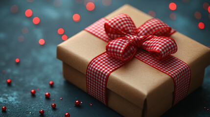 Obraz premium Elegant Brown Gift Box with Red Checkered Ribbon for Special Occasions