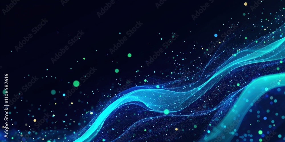 Poster glowing blue abstract digital background with floating particles and waves in shades of blue and gre