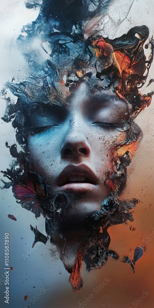 Aufkleber A captivating surreal portrait of a woman's face merging with abstract elements, creating a dreamlike and artistic visual experience.