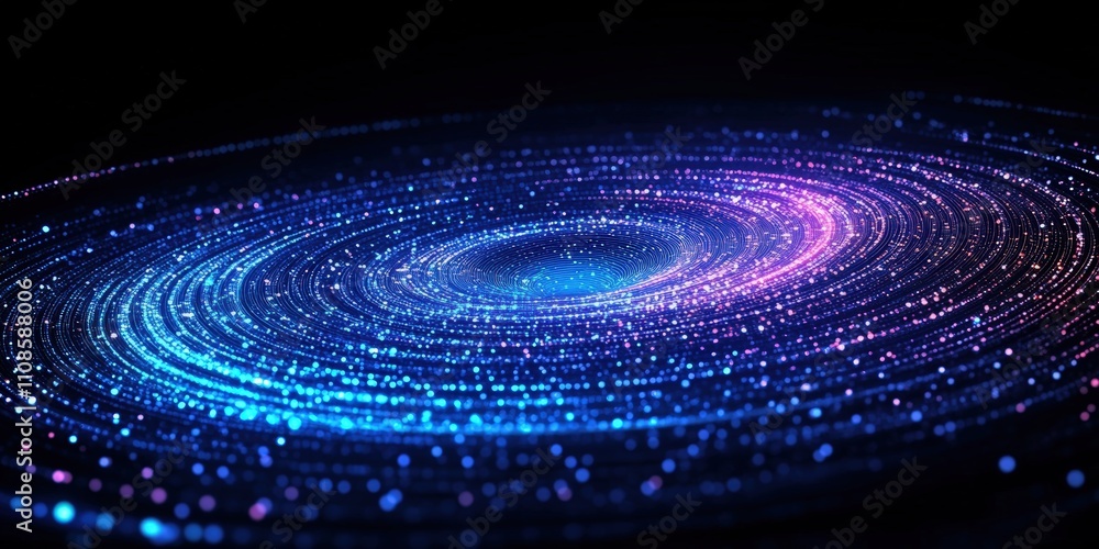 Poster glowing blue abstract digital background with circles and spirals, vibrant galactic texture for mode