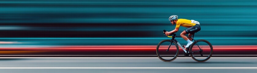 Fototapeta premium Dynamic cyclist racing in vibrant motion blur on urban road.