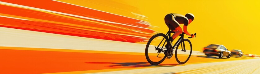 Fototapeta premium Dynamic scene of a cyclist racing alongside vibrant traffic.