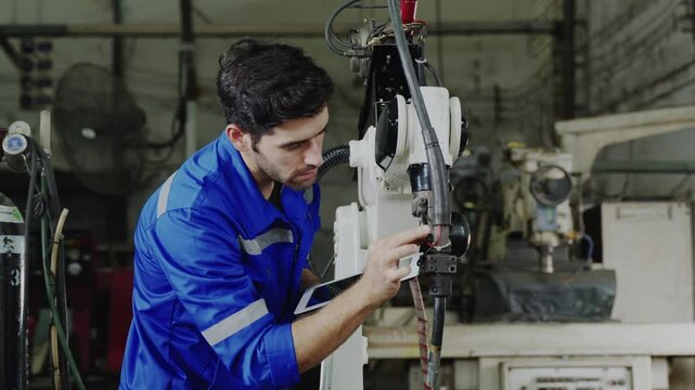 A technician using a tablet to diagnose and repair an industrial robot at the service center
