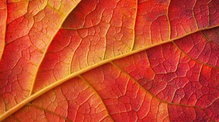 Obraz premium Capture the details of a leaf changing color in the fall, with vibrant hues of red and orange.