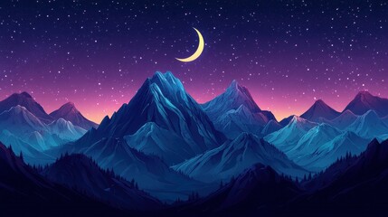 Obraz premium Majestic Mountain Range Under a Crescent Moon and Starry Night Sky - Digital Art Illustration
