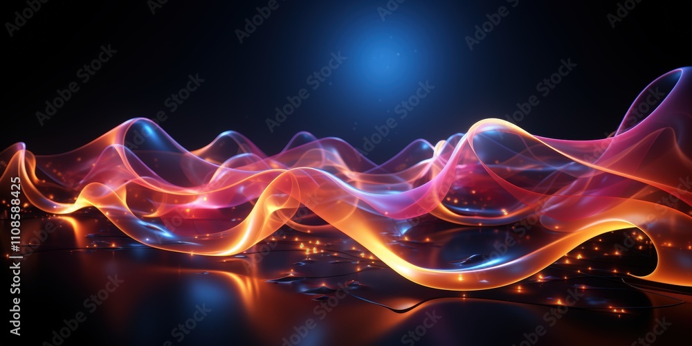 Poster abstract futuristic background with colorful neon waves emitting energy from a dark surface in an ar